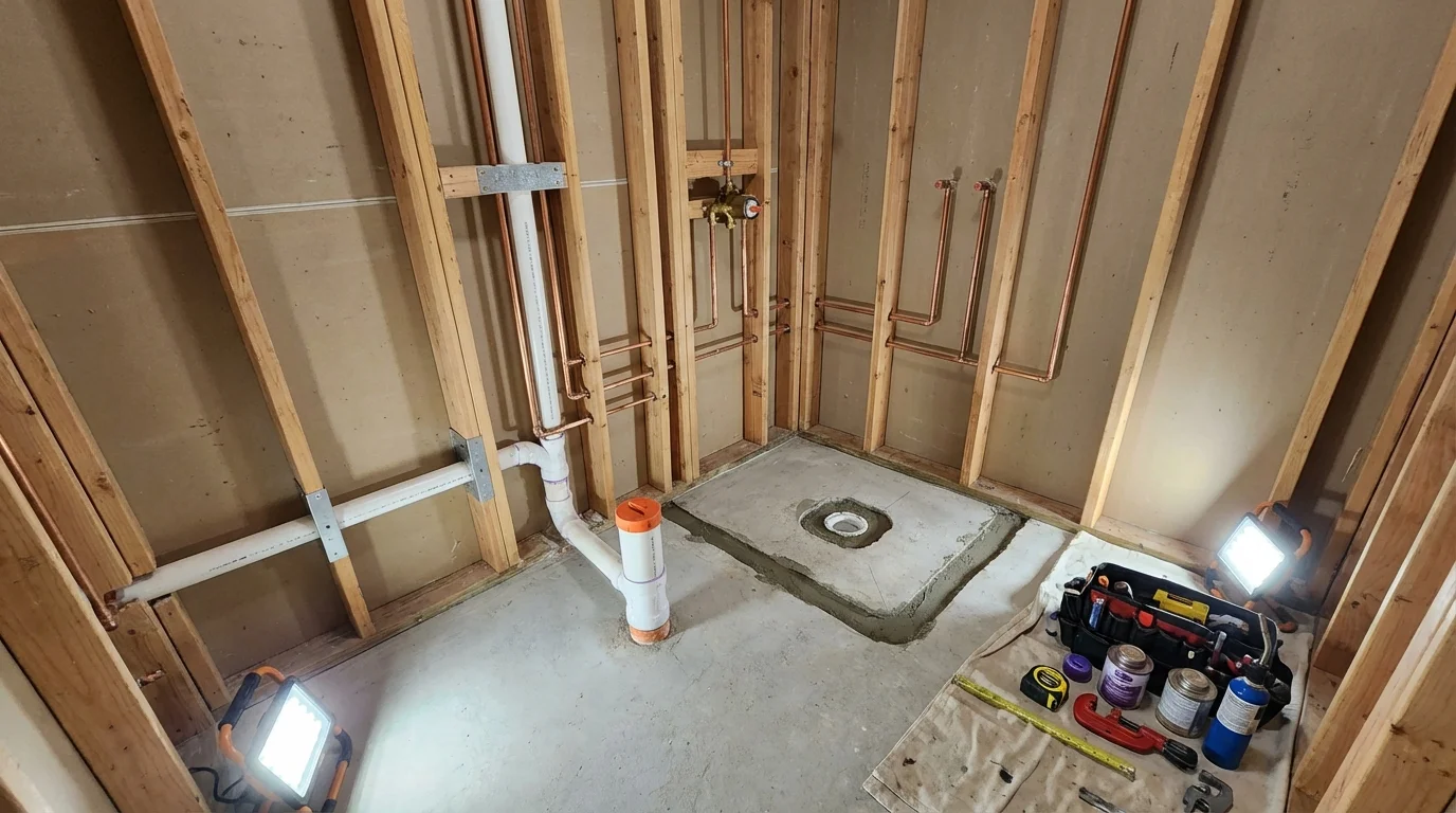 Bathroom rough-in plumbing during remodel by Johns Plumbing LLC in Germantown