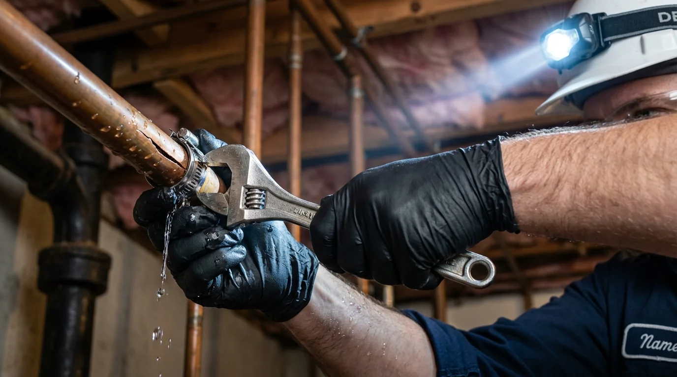 Emergency pipe clamp repair being performed by a Johns Plumbing LLC plumber in Germantown