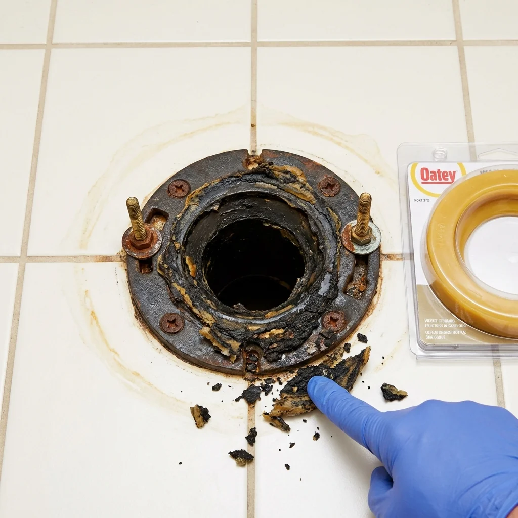 Failed wax ring showing water seepage at the base of a toilet in a Germantown, WI home