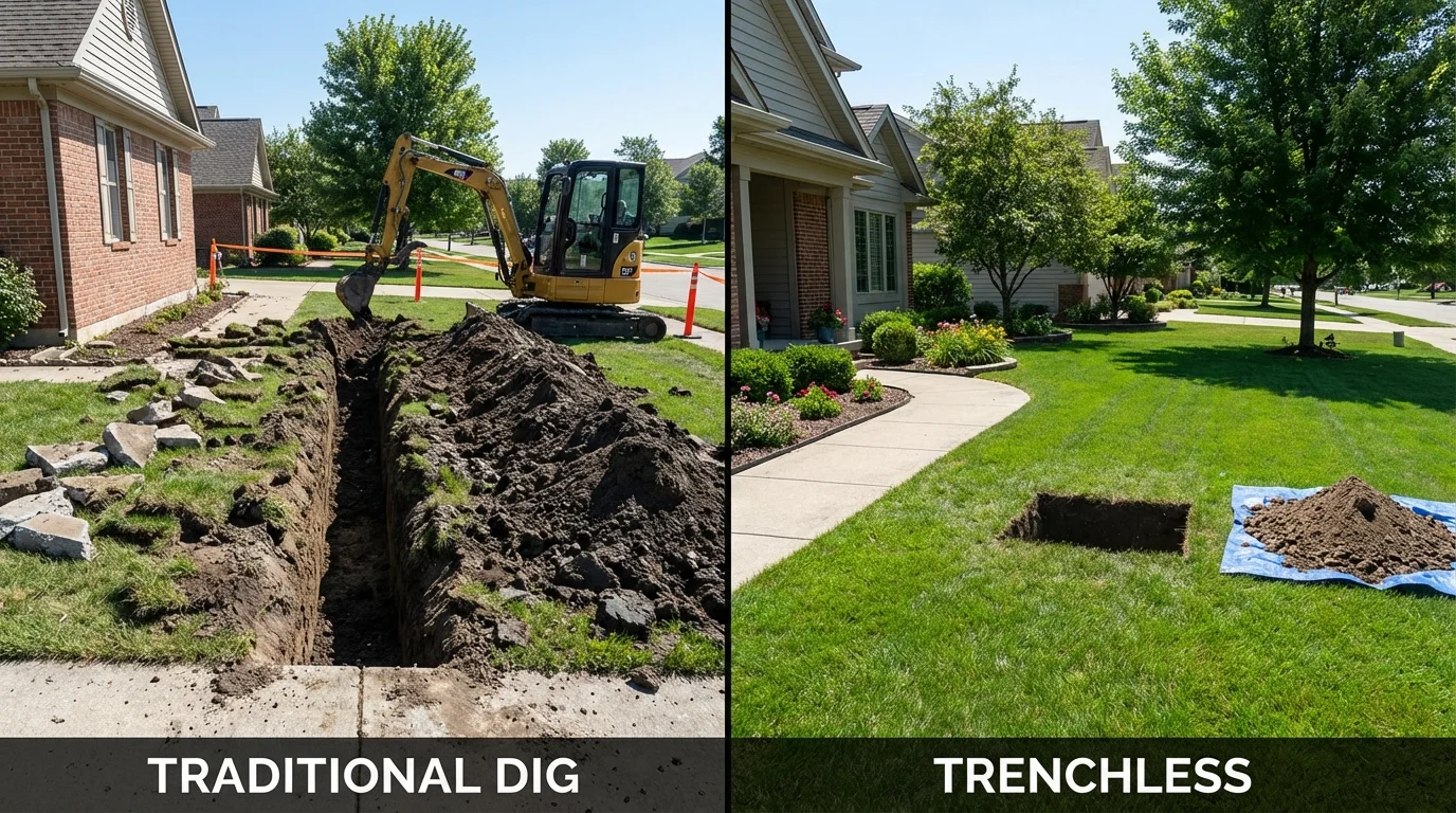 Trenchless sewer repair with minimal yard damage versus traditional excavation in Germantown, WI