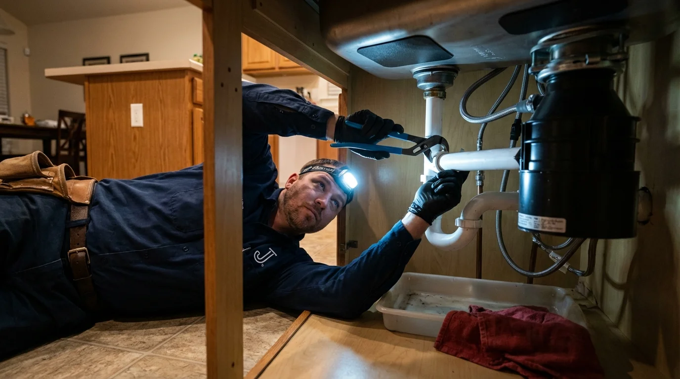 P-trap and supply line connections under a kitchen sink showing a common leak point in Germantown, WI
